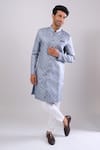 Shop_Arihant Rai Sinha_Gray Polyester, Viscose Grey Woven Jacquard Sherwani And White Pant _Online_at_Aza_Fashions