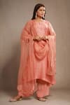 Buy_Sonali Methi_Peach Organza Embroidery Split V-neck Hand Kurta Set _Online_at_Aza_Fashions