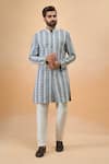 Buy_Arihant Rai Sinha_Gray Rayon, Silk Embroidery Grey And Blue Thread Sherwani Set _at_Aza_Fashions
