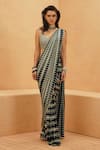 Buy_Sva By Sonam & Paras Modi_Navy Crepe Sequins, Beads Scoop Neck, Round Embellished Pre-draped Saree Set _at_Aza_Fashions