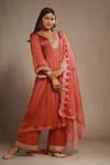 Shop_Sonali Methi_Rust Satin, Organza Embroidery Round Neck Orange Kurta Set _at_Aza_Fashions