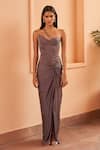 Buy_Amrta By Guneet Kondal_Grey Viscose, Satin, Silk Beads Asymmetric Corset With Drape Skirt _at_Aza_Fashions