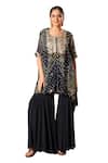 Buy_Sonali Methi_Blue Chinon, Crepe Tassels Round Neck Bandhani Kaftan And Sharara Set _at_Aza_Fashions