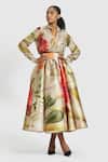 Buy_Gauri & Nainika_Brown Microfiber Printed Skirt With Carnation Design _at_Aza_Fashions