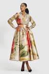Buy_Gauri & Nainika_Brown Chanderi Collared Printed Shirt _at_Aza_Fashions