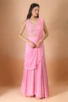 Shop_Aariyana Couture_Pink Georgette Sequins, Embroidery V-neck Pre-draped Saree And Blouse Set _at_Aza_Fashions