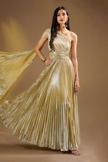 Buy_Ajiesh Oberoi_Gold Silk One Shoulder Blend Pleated Gown _at_Aza_Fashions