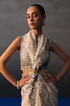 Shop_Angad Singh_Ivory Chantelle Sequins, Beads Round Neck Sangeet Saree Set 