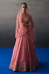 Buy_Angad Singh_Peach Brocade Sequins, Zari Round Neck Gajri Banarasi Festive Lehenga Set _at_Aza_Fashions