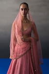 Buy_Angad Singh_Peach Brocade Sequins, Zari Round Neck Gajri Banarasi Festive Lehenga Set _Online_at_Aza_Fashions