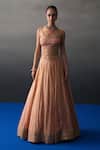 Buy_Angad Singh_Peach Silk Embroidery, Sequins, Beads Asymmetric Banarasi Festive Lehenga Set _at_Aza_Fashions