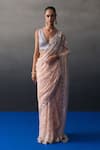 Buy_Angad Singh_Peach Chantelle Beads, Sequins V-neck Haldi Saree Set _at_Aza_Fashions
