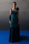 Buy_Angad Singh_Blue Organza, Net Sequins One Shoulder Peacock Sharara Set _at_Aza_Fashions