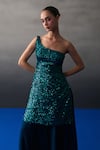 Angad Singh_Blue Organza, Net Sequins One Shoulder Peacock Sharara Set _at_Aza_Fashions
