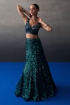 Angad Singh_Peach Sequins V-neck Peacock Blue Lehenga Set _Online_at_Aza_Fashions
