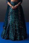 Shop_Angad Singh_Peach Sequins V-neck Peacock Blue Lehenga Set _Online_at_Aza_Fashions