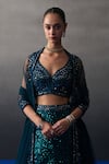 Buy_Angad Singh_Peach Sequins V-neck Peacock Blue Lehenga Set 
