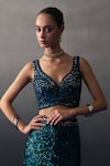 Shop_Angad Singh_Peach Sequins V-neck Peacock Blue Lehenga Set 