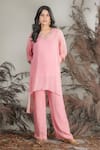 Buy_Rirasa_Pink Georgette Beads V-neck Hand Embroidered Kurta Pant Set _at_Aza_Fashions
