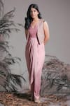 Buy_Rirasa_Pink Beads V-neck Silk Blend Dress With Jacket _Online_at_Aza_Fashions