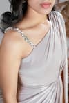 Buy_Rirasa_Beige Lycra Beads One Shoulder Hand Embroidered Designer Dress _Online_at_Aza_Fashions