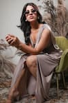 Rirasa_Beige Lycra Embroidery V-neck Hand Dress _Online_at_Aza_Fashions
