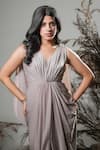Shop_Rirasa_Beige Lycra Embroidery V-neck Hand Dress _Online_at_Aza_Fashions