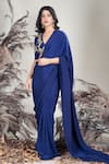 Buy_Rirasa_Navy Crepe Embroidery V-neck Blue Hand Saree Set _at_Aza_Fashions