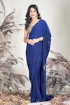 Buy_Rirasa_Navy Crepe Embroidery Plunge Neck Blue Hand Pre-draped Saree With Blouse _at_Aza_Fashions