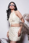 Rirasa_Ivory Tissue Embroidery Halter Neck Hand Skirt Set _Online_at_Aza_Fashions