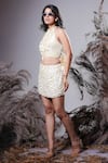 Rirasa_Ivory Tissue Embroidery Halter Neck Hand Skirt Set _at_Aza_Fashions