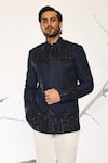 Shop_Ankit V Kapoor_Blue Cotton, Silk Beads Deco Crest Bandhgala And Pant Set _at_Aza_Fashions
