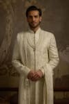 Shop_Ankit V Kapoor_Ivory Embroidery Heeranva Woven Silk Sherwani Set _Online_at_Aza_Fashions