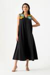 Buy_K-Anshika_Black Cotton Embroidery, Beads, Sequins V-neck Midi Dress With 3d Floral _at_Aza_Fashions