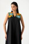 K-Anshika_Black Cotton Embroidery, Beads, Sequins V-neck Midi Dress With 3d Floral _Online_at_Aza_Fashions