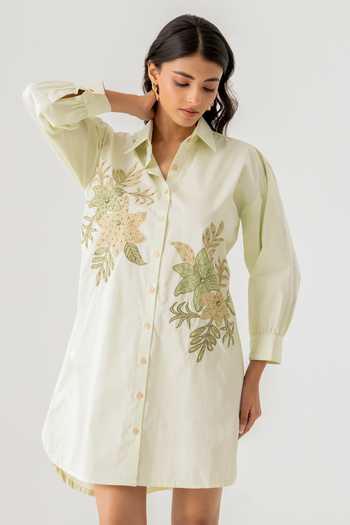 K-Anshika_Mint Cotton Embroidery, Beads, Sequins Collared Green Floral Shirt Dress _Online_at_Aza_Fashions