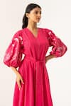 K-Anshika_Pink Cotton Embroidery V-neck Fuchsia Dress With Belt _Online_at_Aza_Fashions