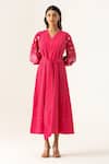 Buy_K-Anshika_Pink Cotton Embroidery V-neck Fuchsia Dress With Belt _at_Aza_Fashions