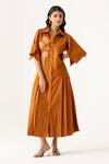 Buy_K-Anshika_Brown Cotton Embroidery, Beads, Sequins Collared Rust Shirt Dress _at_Aza_Fashions