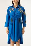 K-Anshika_Blue Cotton Embroidery, Beads, Sequins Collared Cobalt Floral Shirt Dress _Online_at_Aza_Fashions