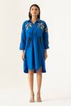 Buy_K-Anshika_Blue Cotton Embroidery, Beads, Sequins Collared Cobalt Floral Shirt Dress _at_Aza_Fashions