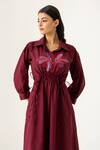 K-Anshika_Maroon Cotton Embroidery, Beads, Sequins Collared Bloom Midi Shirt Dress _Online_at_Aza_Fashions