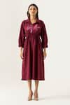 Buy_K-Anshika_Maroon Cotton Embroidery, Beads, Sequins Collared Bloom Midi Shirt Dress _at_Aza_Fashions