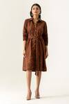 Buy_K-Anshika_Brown Cotton Beads Collared Cocoa Belted Shirt Dress _at_Aza_Fashions