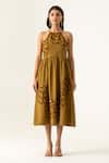 Buy_K-Anshika_Brown Cotton Embroidery Halter Neck Midi Dress _at_Aza_Fashions