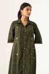 K-Anshika_Olive Green Cotton Beads, Sequins Collared Botanical Midi Dress _Online_at_Aza_Fashions