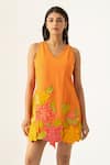 K-Anshika_Orange Crepe Beads, Sequins V-neck Floral Applique Mini Dress _Online_at_Aza_Fashions