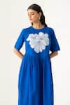 K-Anshika_Blue Cotton Applique Round Neck Cobalt Floral Midi Dress _Online_at_Aza_Fashions