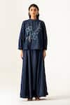 Buy_K-Anshika_Navy Cotton Embroidery, Sequins, Beads High Neck Blue Floral Co-ord Set _at_Aza_Fashions