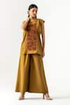 Buy_K-Anshika_Brown Cotton Embroidery Round Neck Mustard Co-ord Set _at_Aza_Fashions
